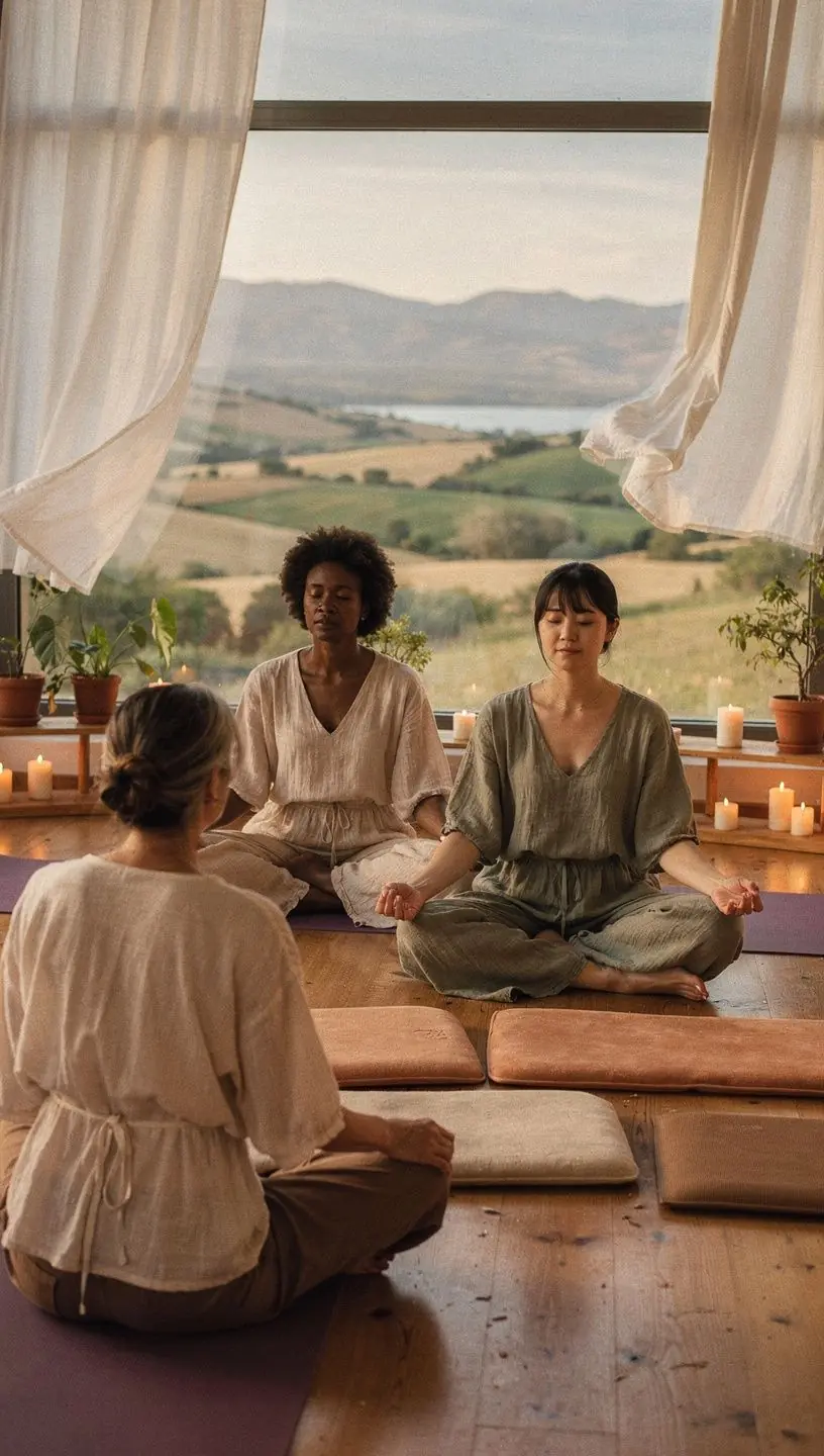 Una persona practicando yoga en un entorno sereno, rodeada de naturaleza.