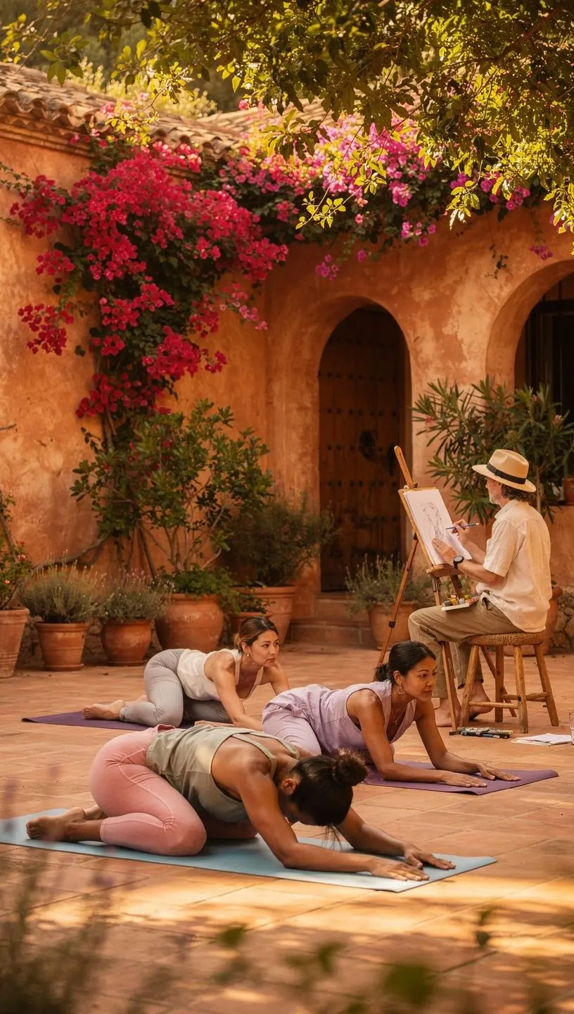 Vista aérea de un grupo de personas meditando en una clase de yoga al aire libre.