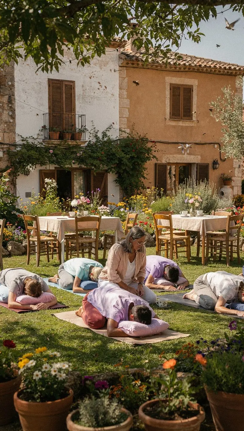 Vista de un grupo de individuos realizando ejercicios de yoga restaurativo en un estudio luminoso y acogedor.