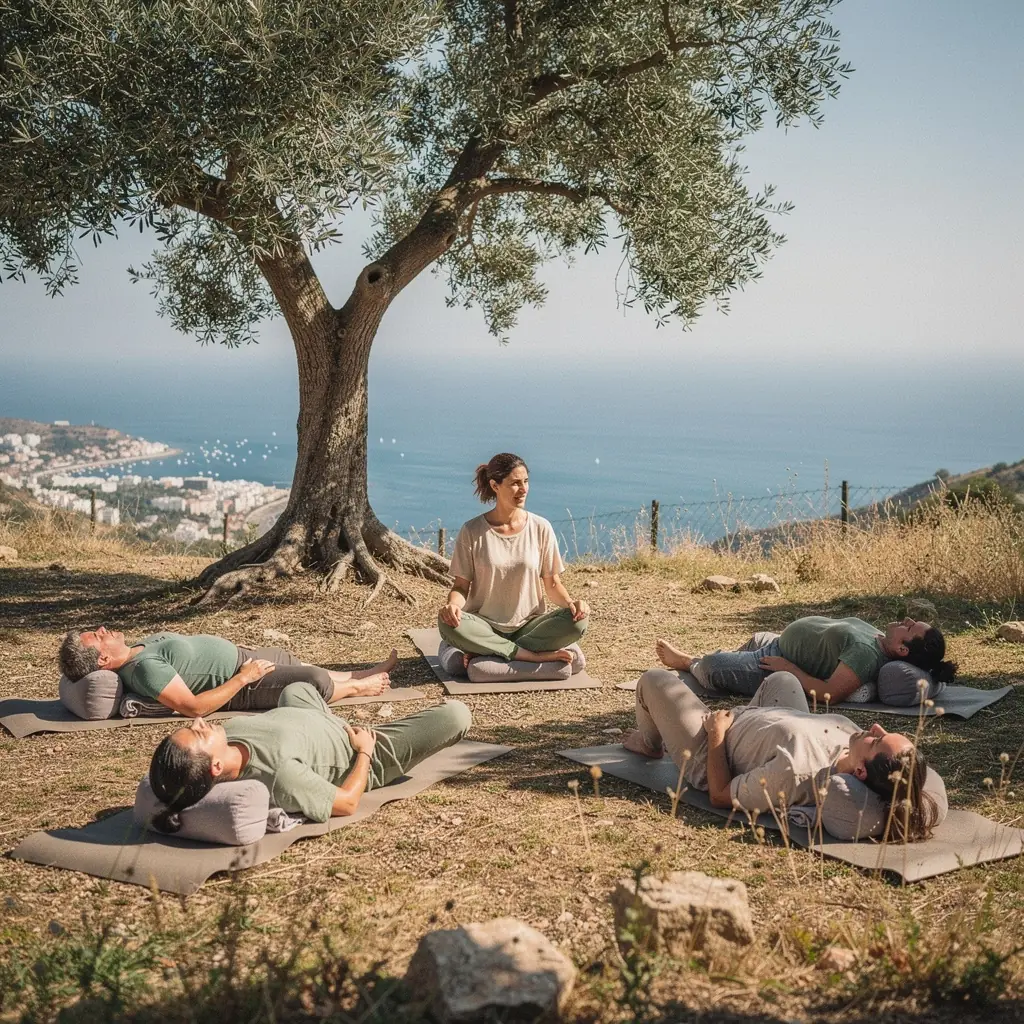 Vista de un grupo de individuos realizando ejercicios de yoga restaurativo en un estudio luminoso y acogedor.