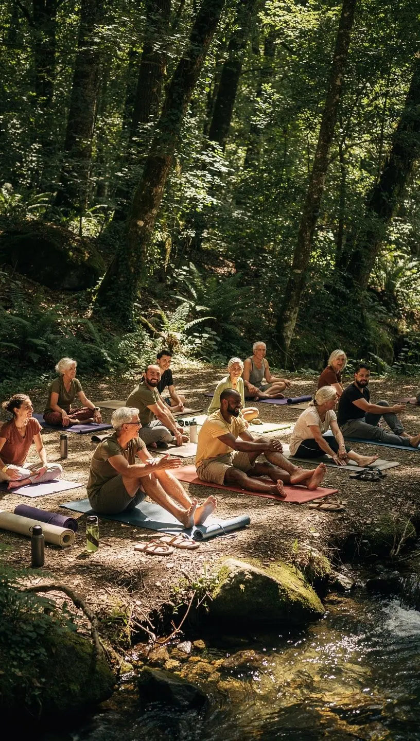 Vista de un grupo de individuos realizando ejercicios de yoga restaurativo en un estudio luminoso y acogedor.