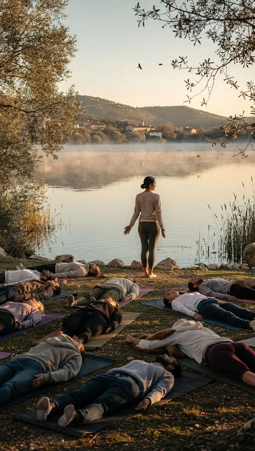 Vista de un grupo de individuos realizando ejercicios de yoga restaurativo en un estudio luminoso y acogedor.