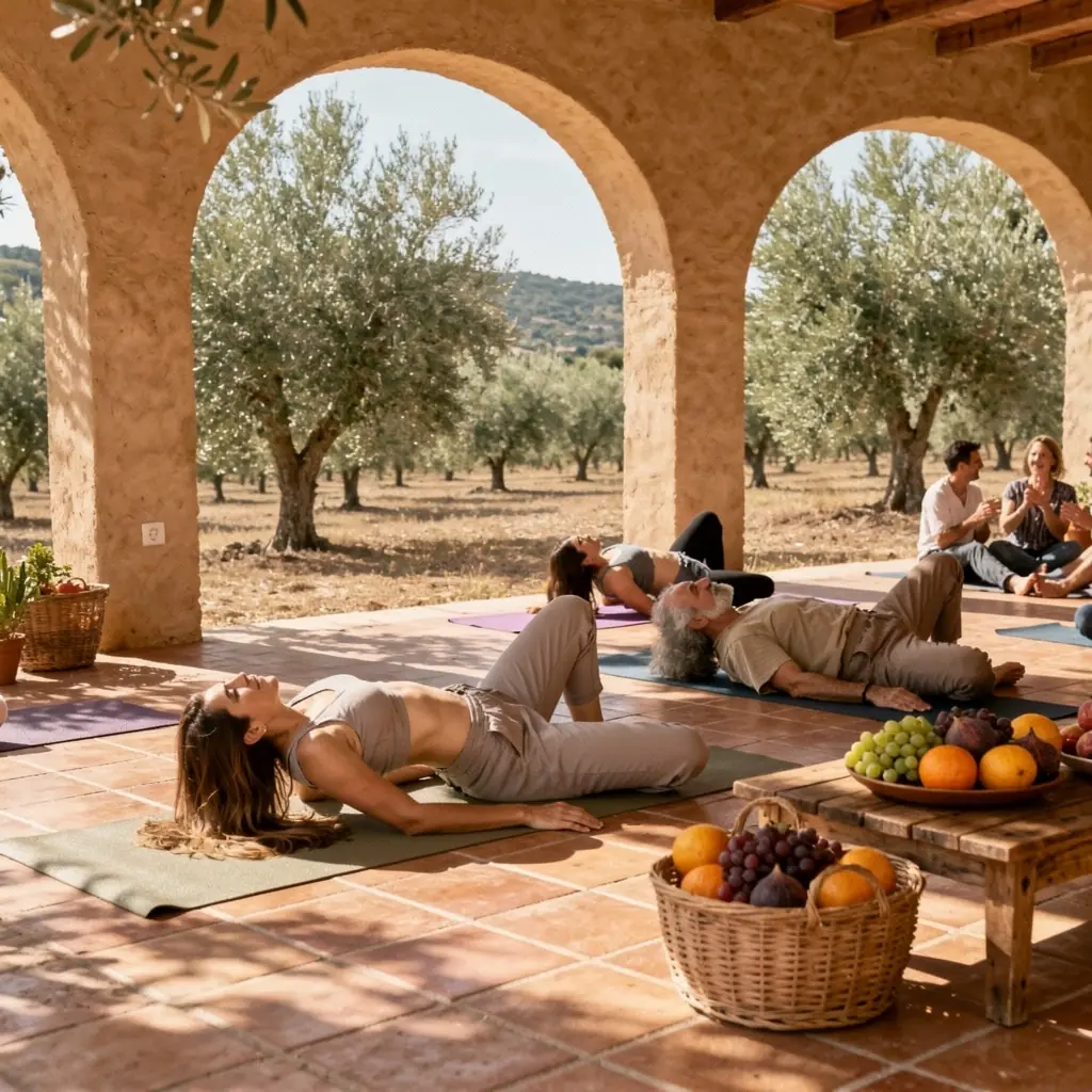 Una persona practicando la postura del niño en un entorno tranquilo, rodeada de plantas y luz natural.