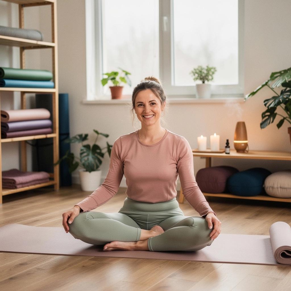 Una vela encendida sobre un tapete de yoga, creando un ambiente de calma y paz.